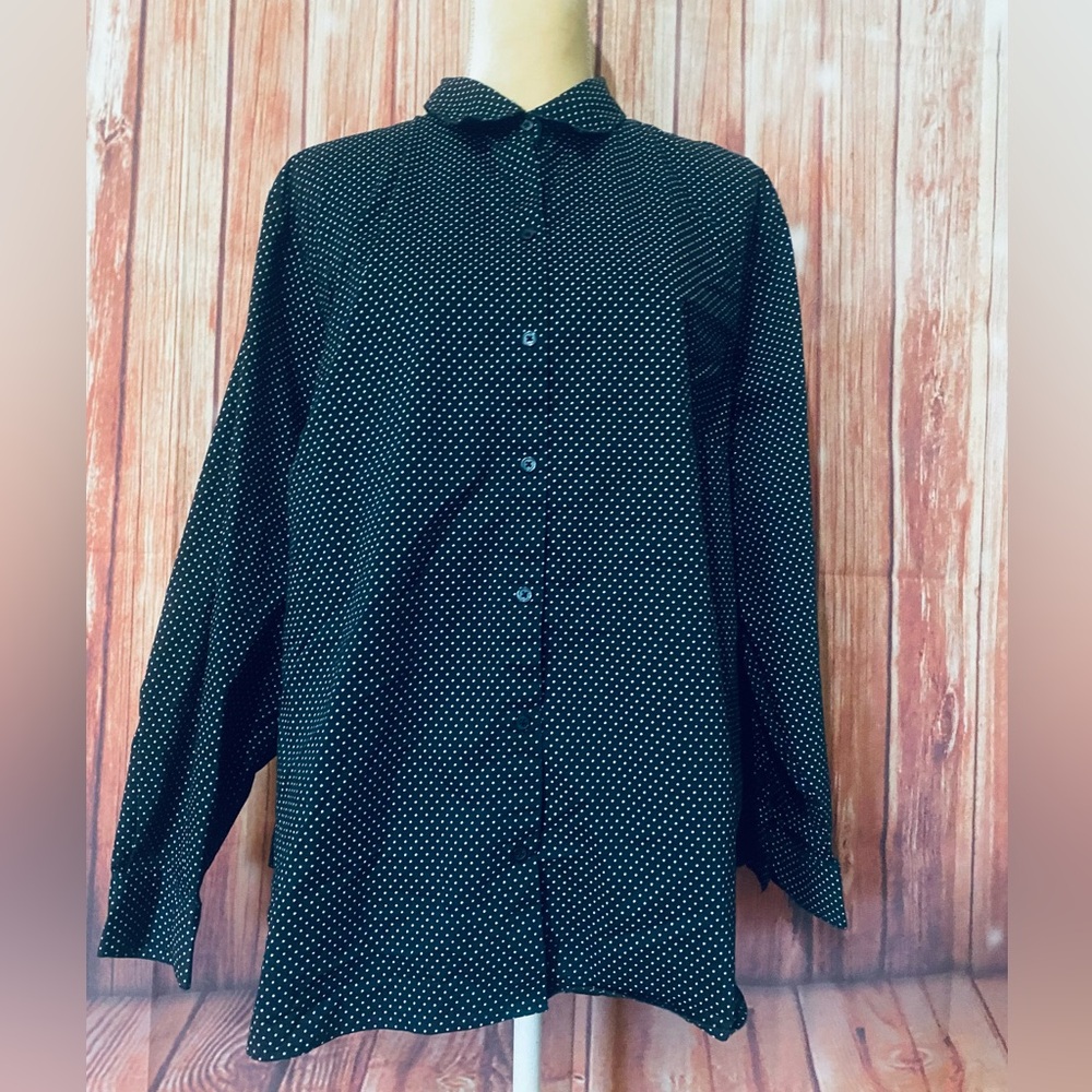 Women’s 2X Blouse Apt 9 Black White Polka Dot Button Down Long Sleeves Soft